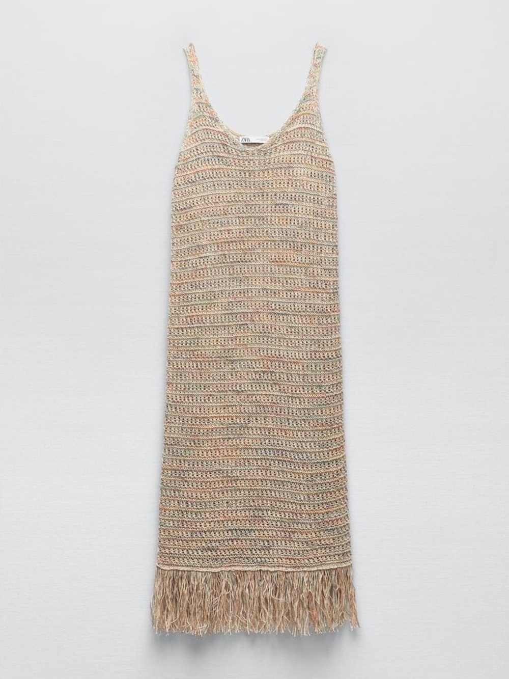 Zara Space Dye Crochet Fringe Midi Dress Boho Resort Cover Up Tan Size M
